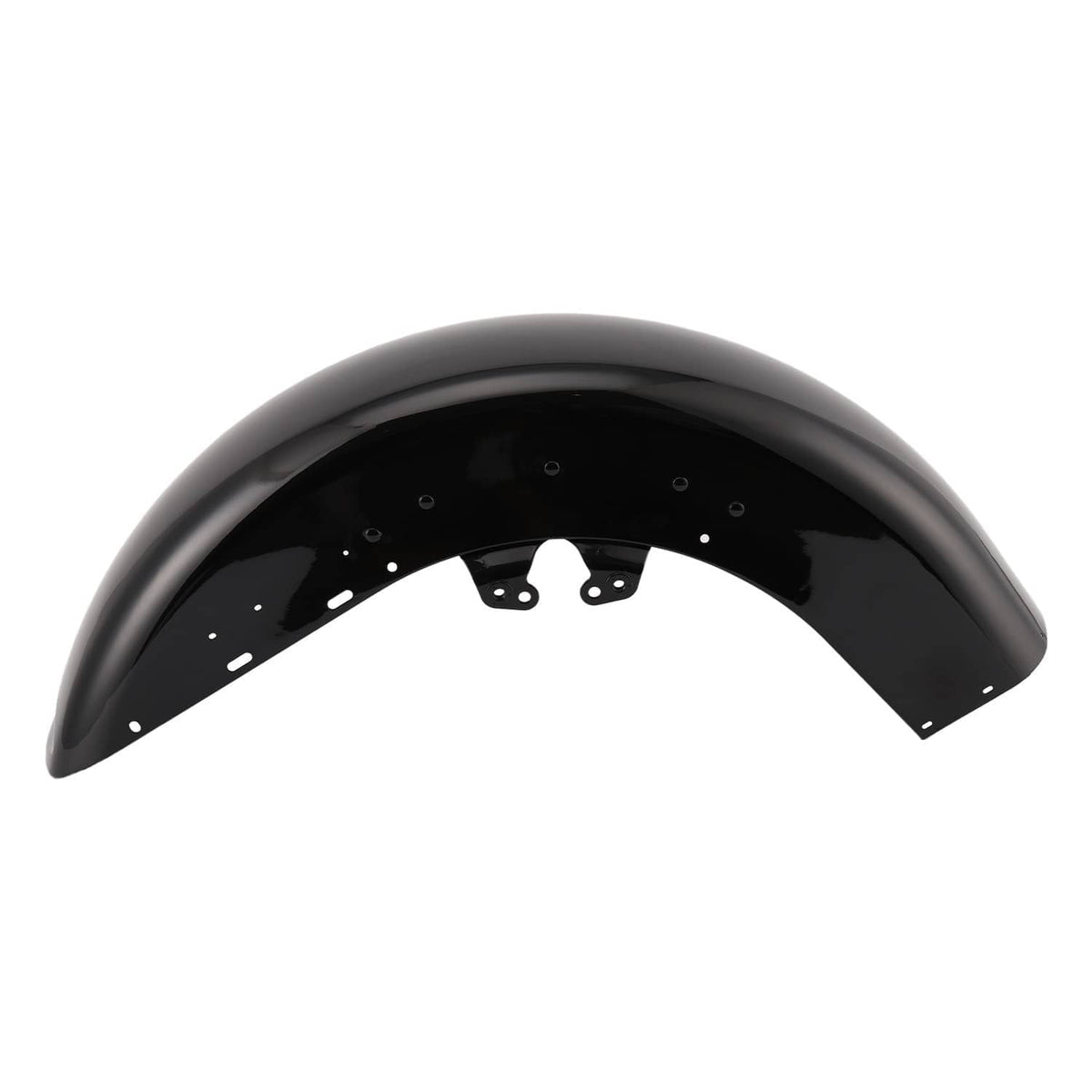 Front motorcycle wrap fender in glossy black with mounting holes and bracket backing