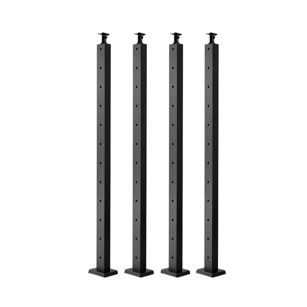 Four black cable railing posts with top mounting bracket and predrilled holes