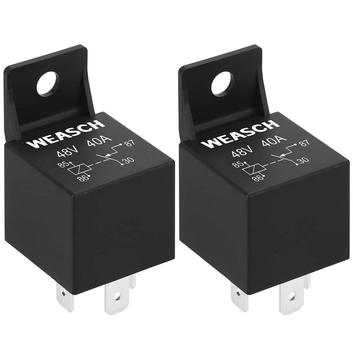 2-pack black 4-pin automotive relay, Weasch 48V 40A, with metal blade terminals