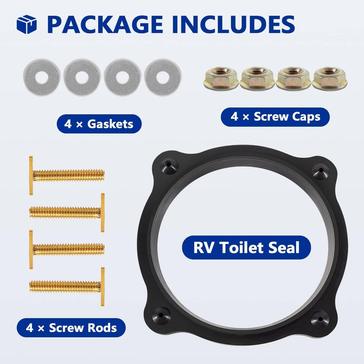 Package includes RV toilet seal, 4 gaskets, 4 screw caps, and 4 screw rods