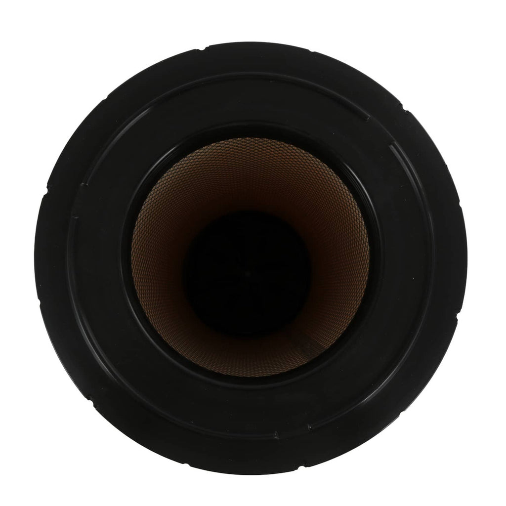 Front view of cylindrical engine air filter with black housing and brown inner mesh
