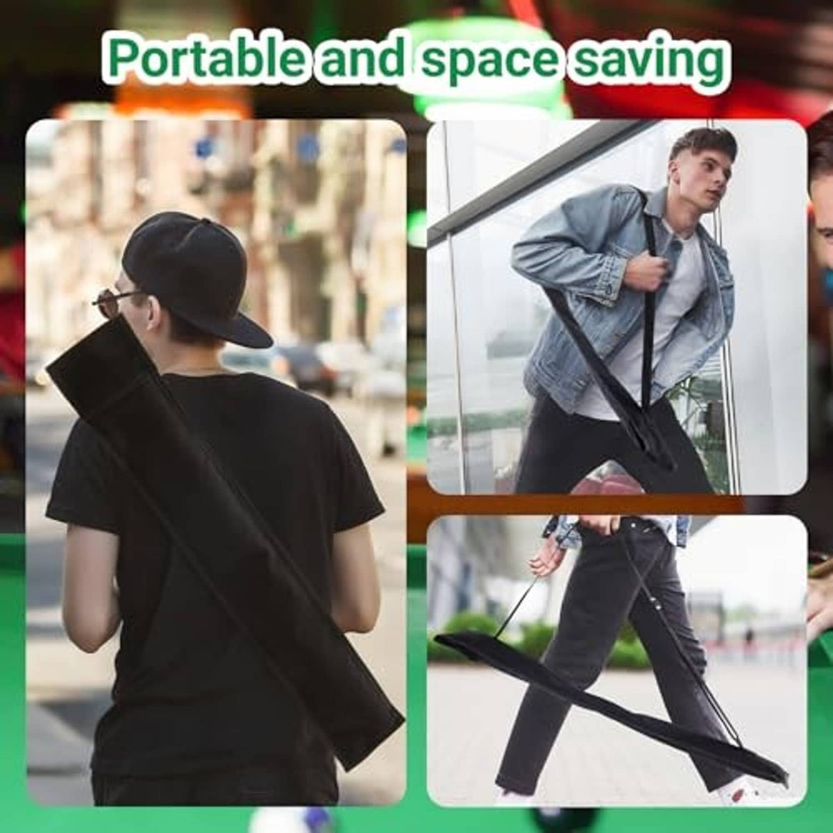 Black portable pool cue case worn across the body with shoulder strap.