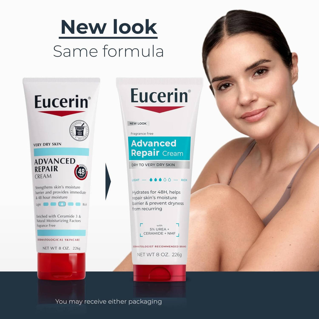 Eucerin Advanced Repair Cream two tubes with a woman applying the cream