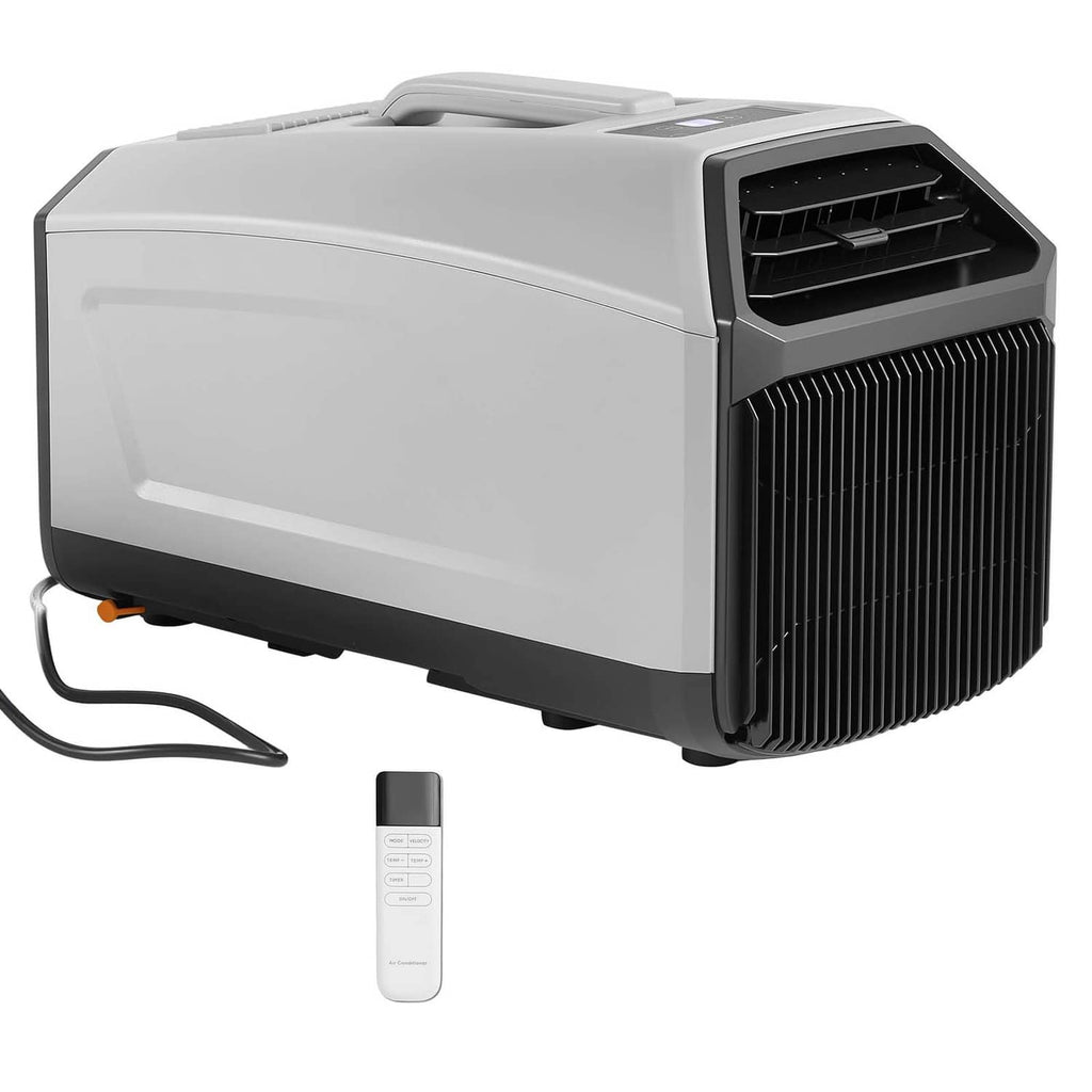 Portable camping air conditioner unit in dark gray with front vent and remote control