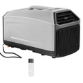 Portable camping air conditioner unit in dark gray with front vent and remote control