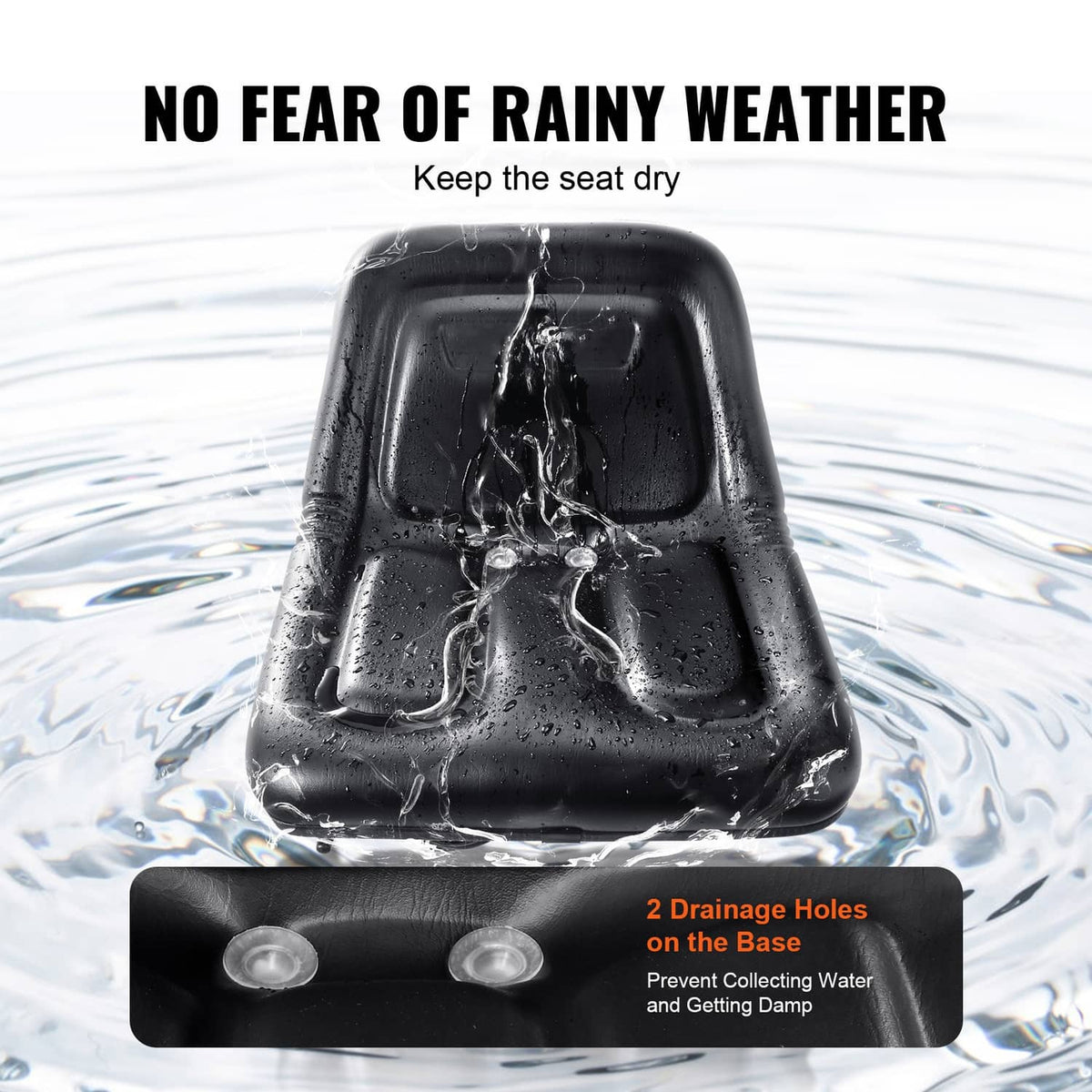 Black forklift seat with drainage holes on base for rainy weather use