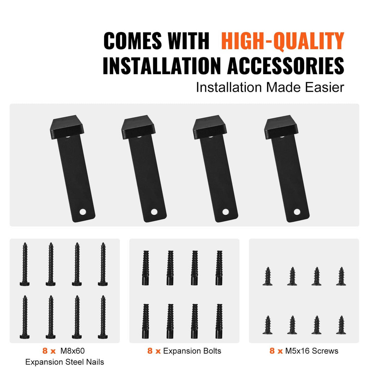 Installation accessories for black L-shaped shelf brackets: bolts, nails, and screws