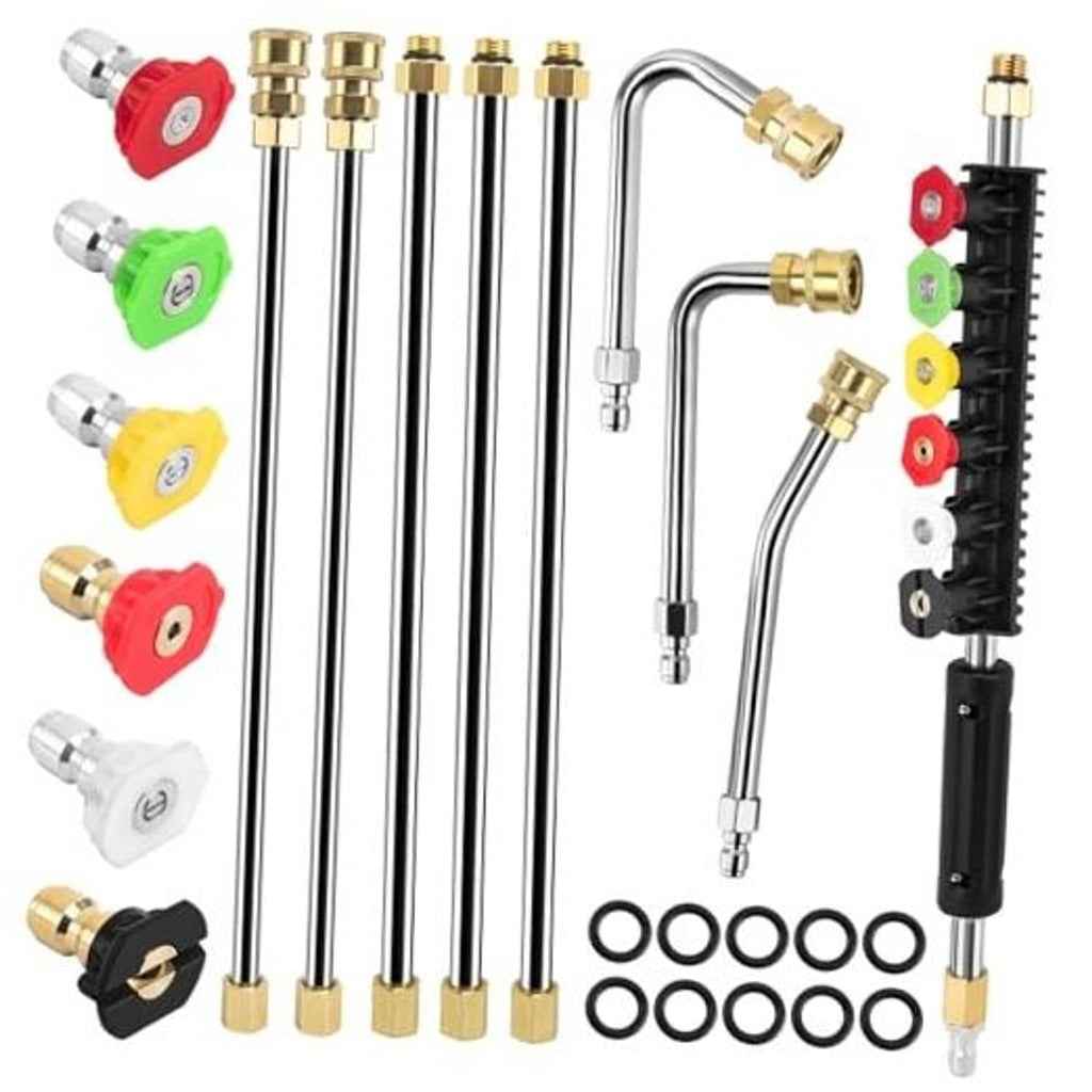 Pressure washer extension wand kit with metal wands, brass fittings, and nozzle tips