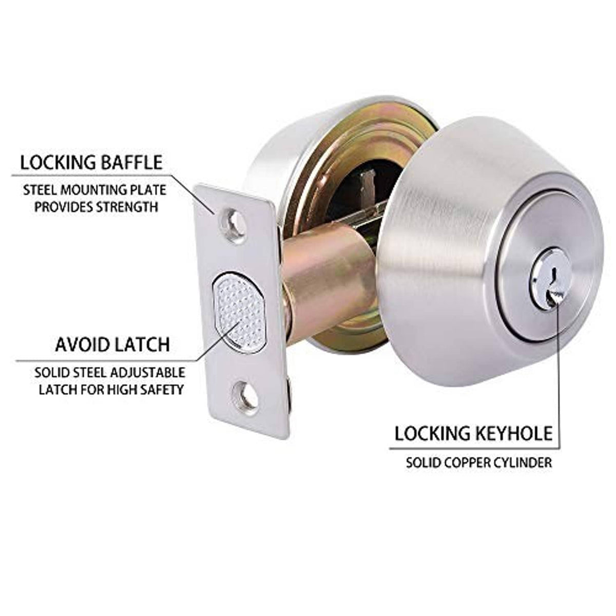 Stainless steel deadbolt lock with side mounting plate and solid key cylinder