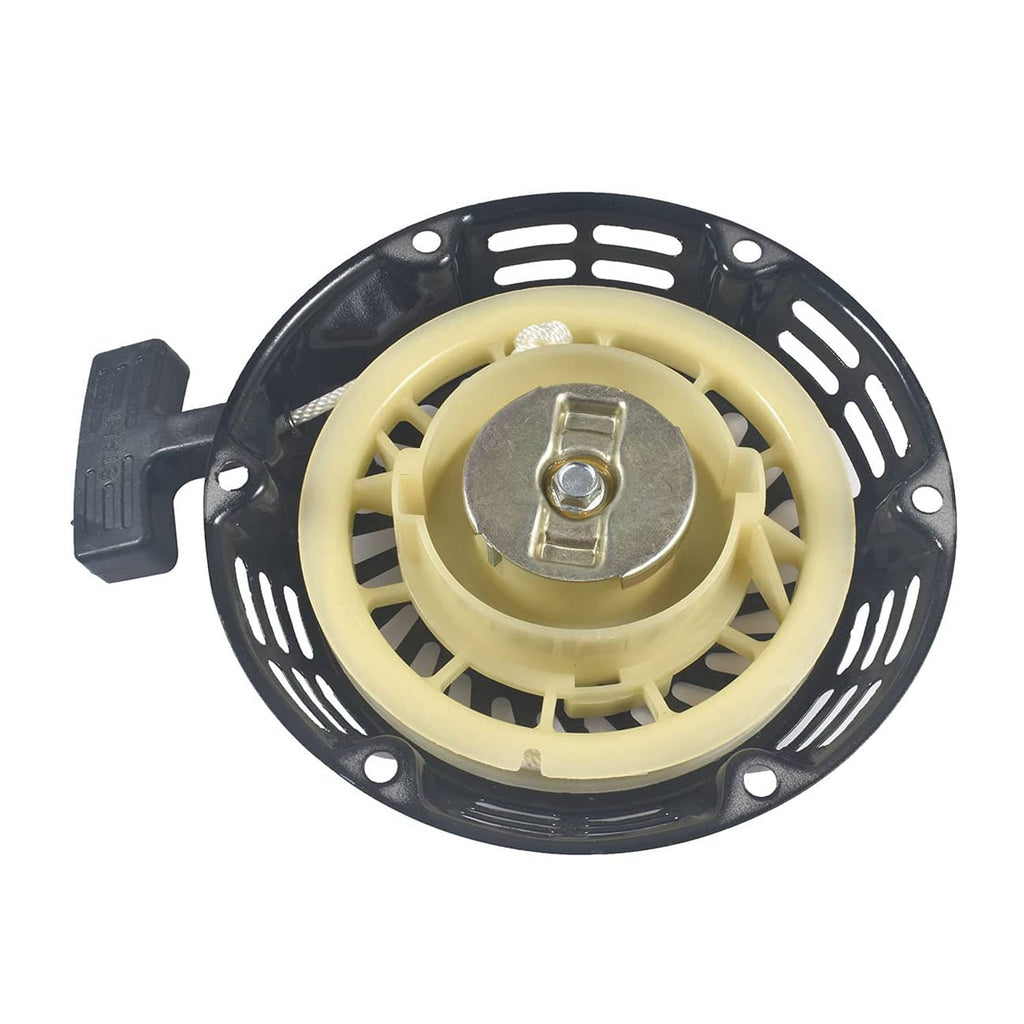 Recoil pull starter assembly with beige recoil hub and black fan cover