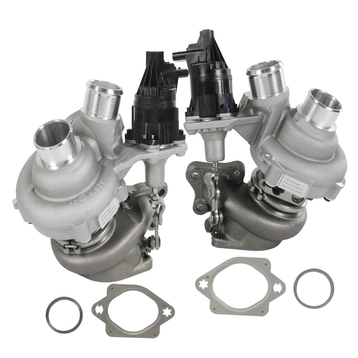 Turbocharger kit with two K03 turbochargers, silver housings, plus mounting gaskets