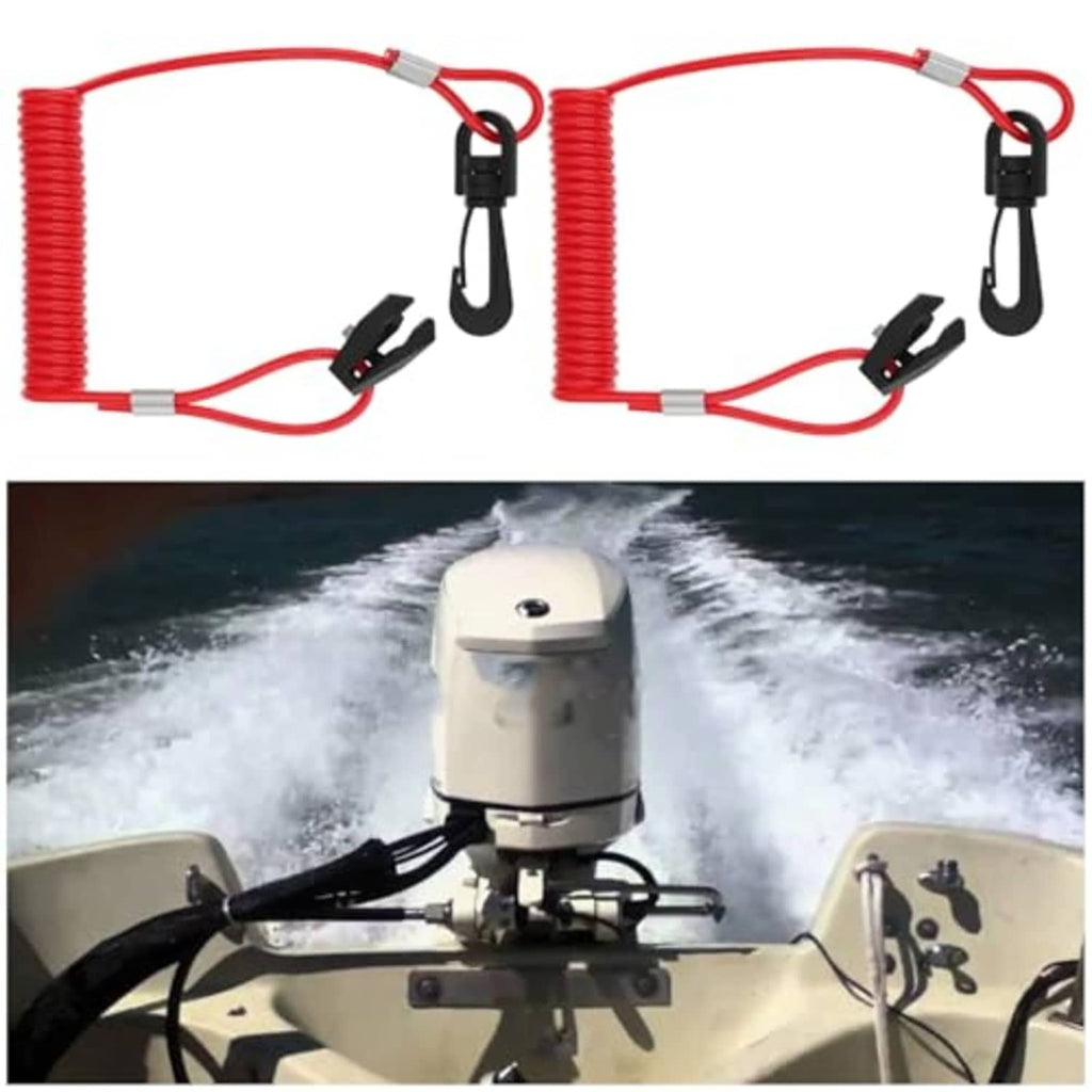 Pair of red coiled kill switch lanyards with black safety clips