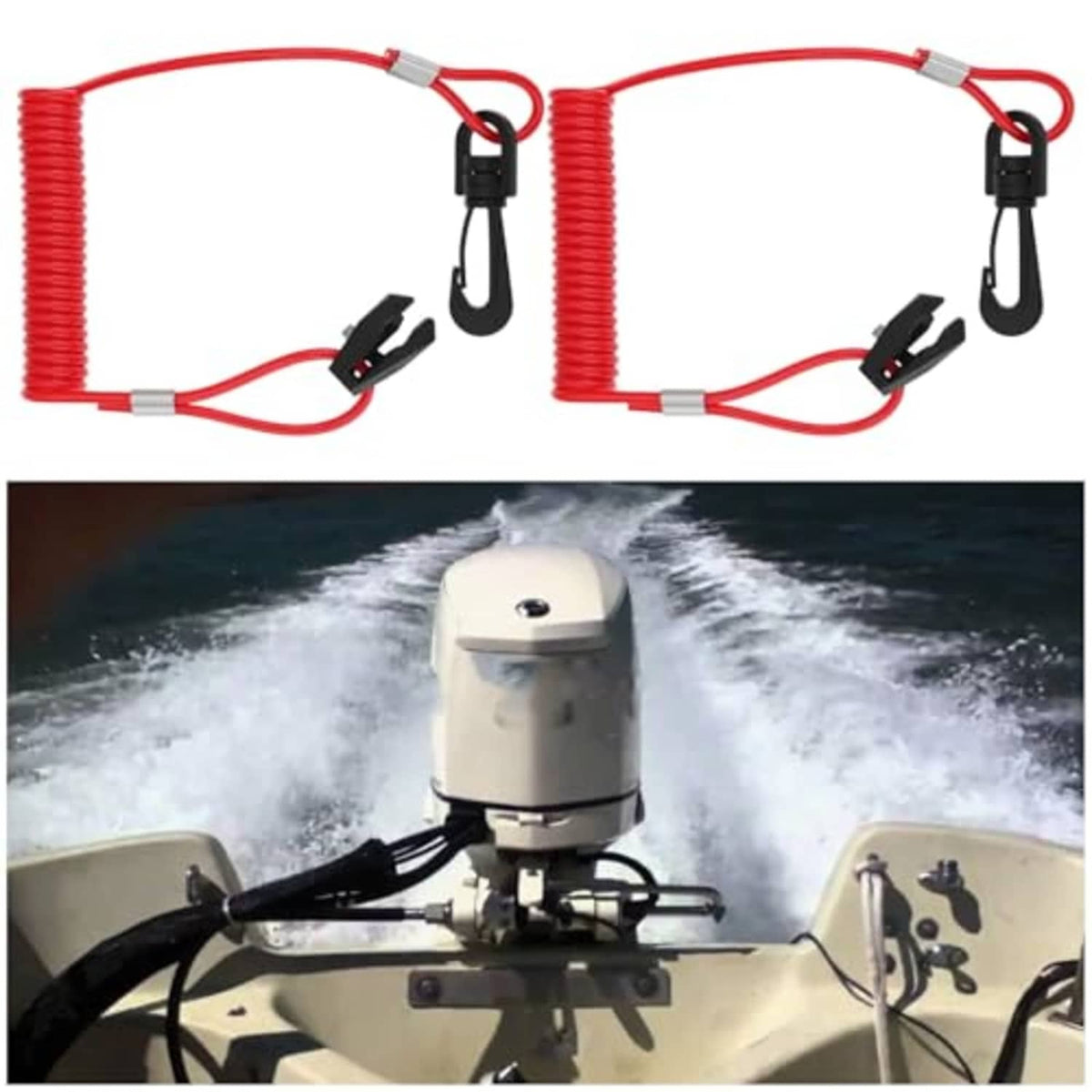 Pair of red coiled kill switch lanyards with black safety clips