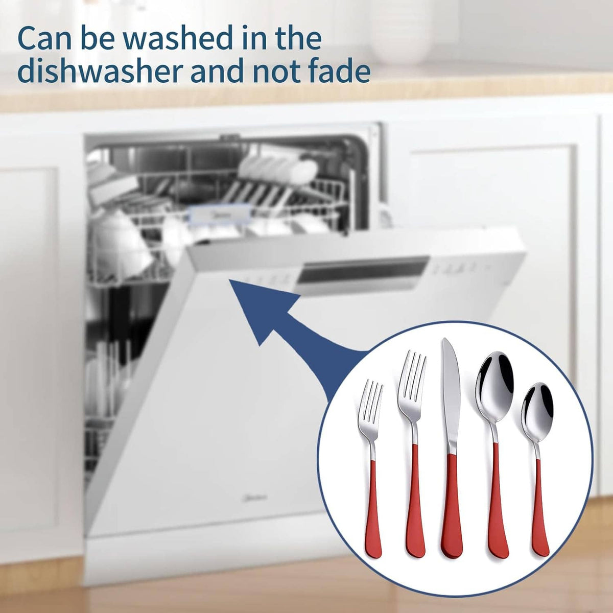 Dishwasher-safe stainless flatware set with red handles: knives, forks, and spoons