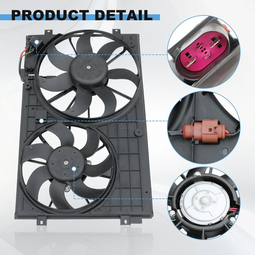 Radiator condenser dual-fan assembly detail with electrical connector and motor housings