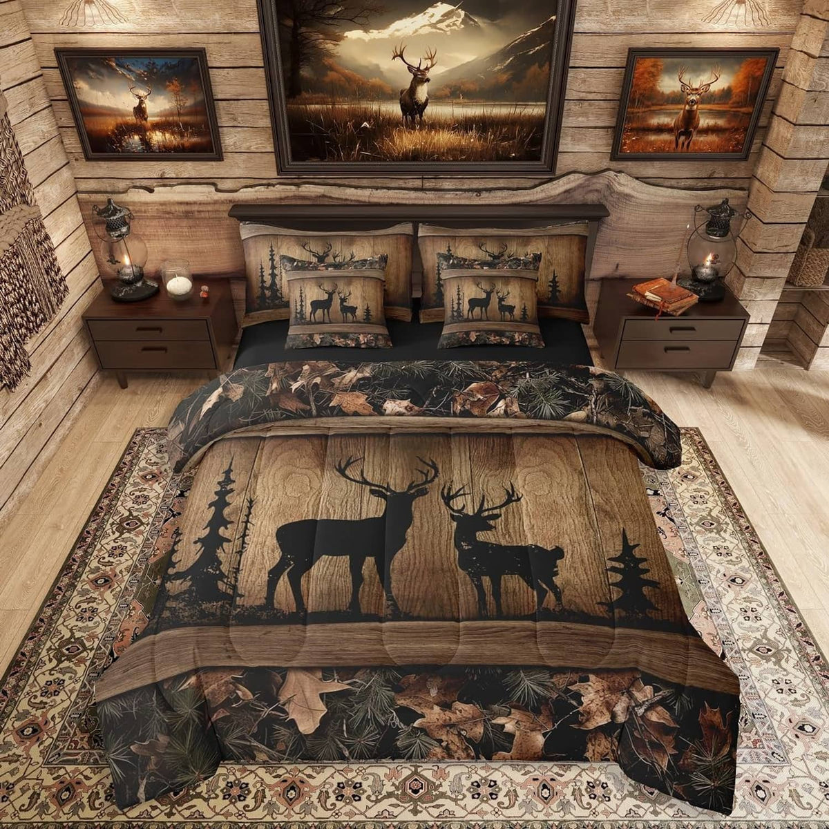 Queen camo hunting deer comforter set with patterned pillow shams and leaf border