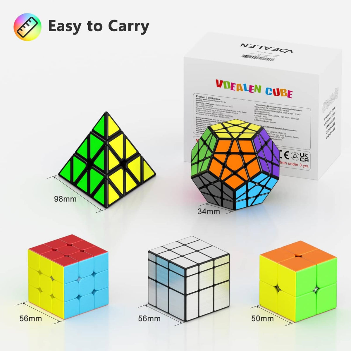 Speed cube set with multicolor 2x2, 3x3, pyramid, and dodecahedron cubes and box