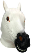 White horse latex head mask with pointed ears, brown eyes, black muzzle, smiling teeth