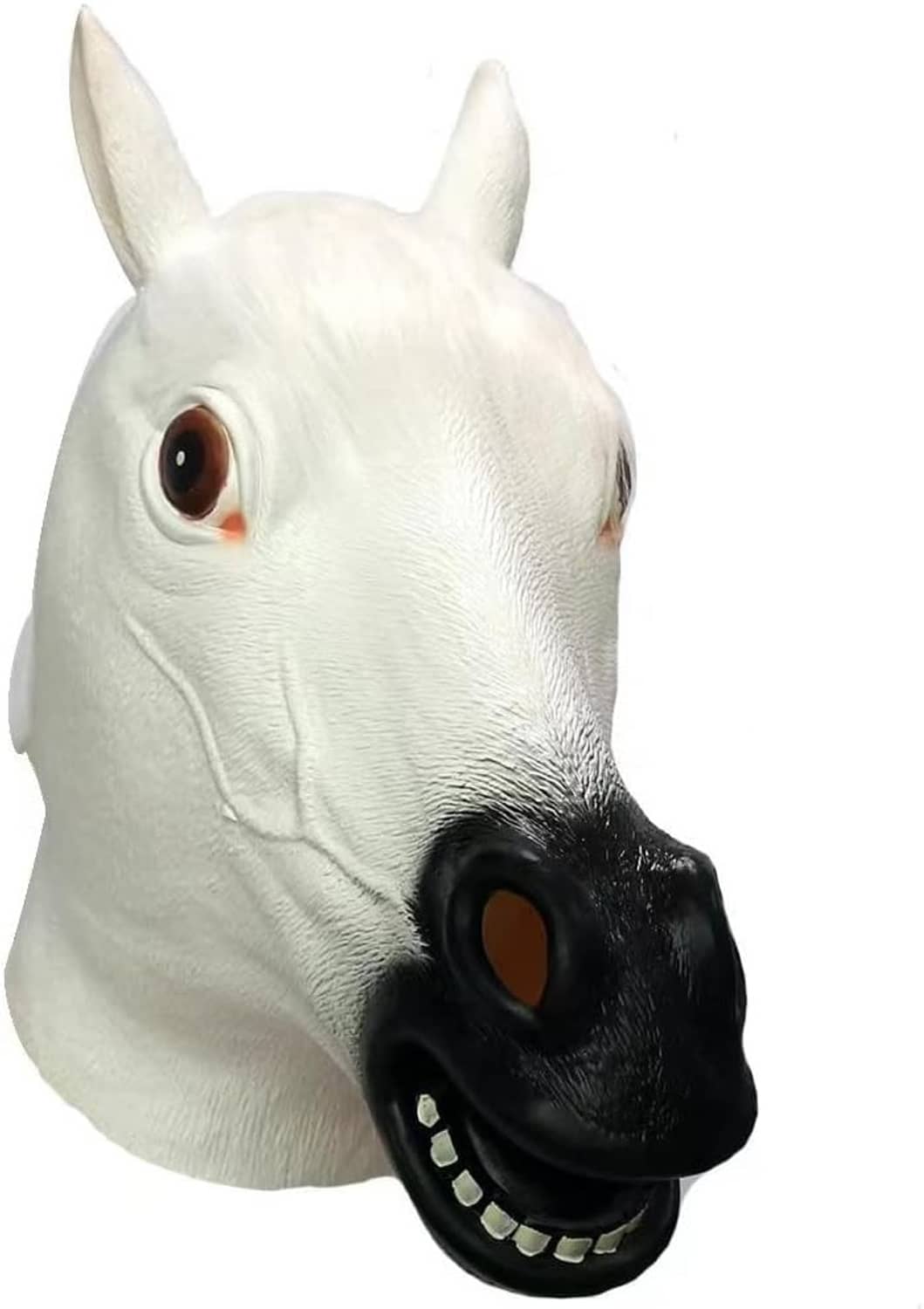 White horse latex head mask with pointed ears, brown eyes, black muzzle, smiling teeth