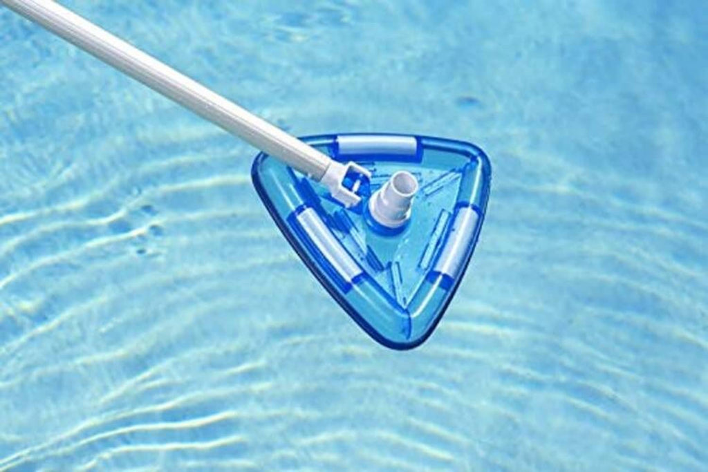 Triangle pool vacuum head in pool water with white hose connection and clear liner