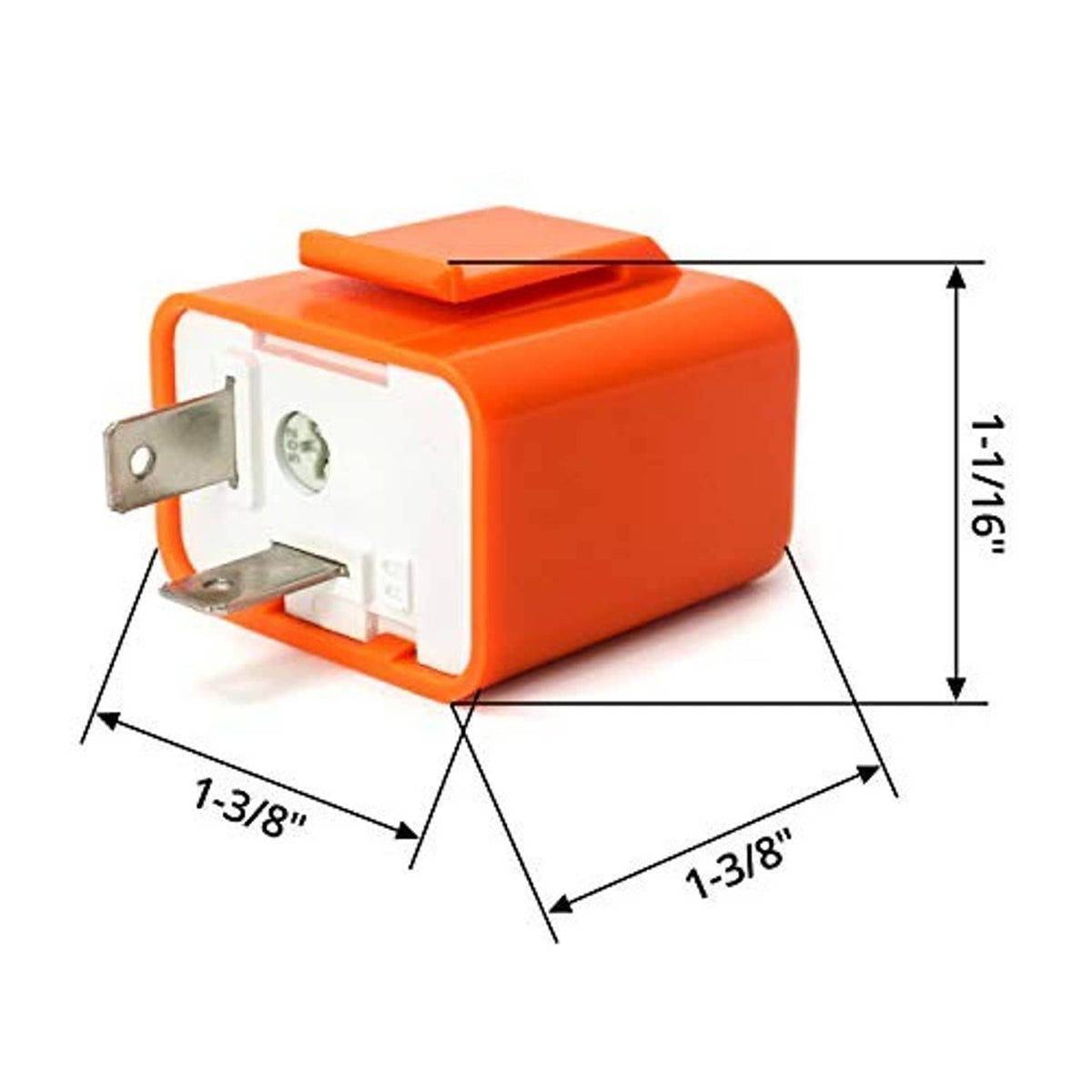Orange 2-pin flasher relay with labeled size dimensions (1-3/8 in, 1-1/16 in)