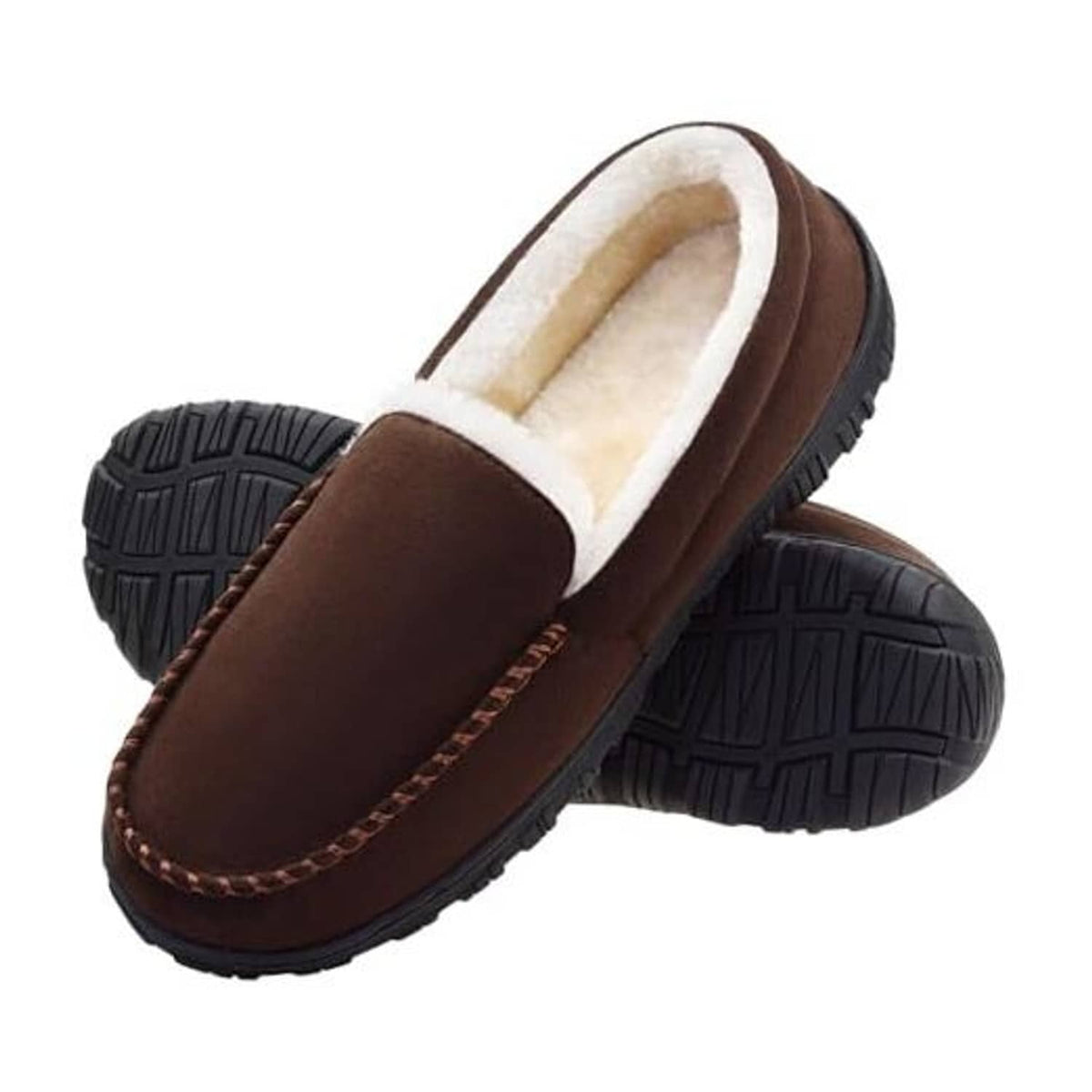 Brown men's moccasin slippers with white plush lining and textured rubber sole