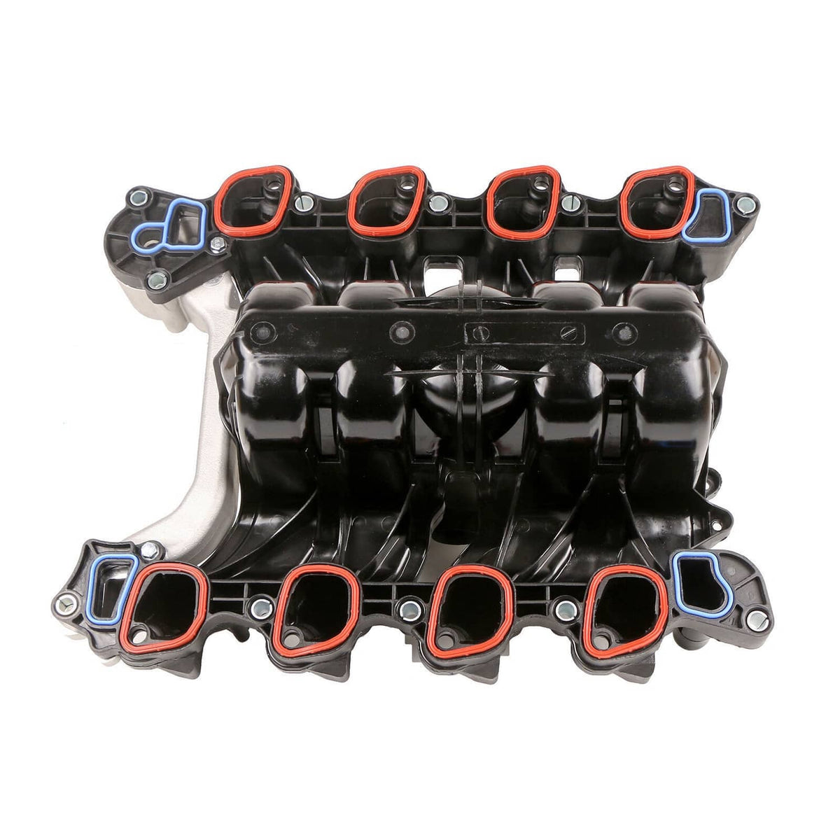 Engine intake manifold with port openings and red gasket seals, black housing and metal