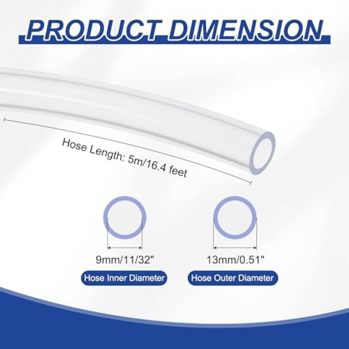Clear PVC drain hose coil with flexible transparent tube, showing diameter reference