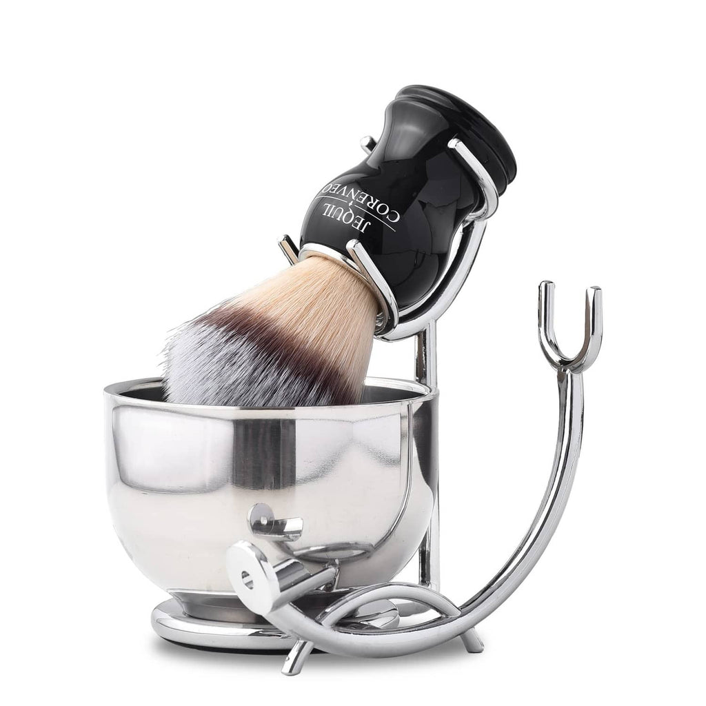 Men's deluxe shaving kit with silver bowl, shaving brush, and chrome stand