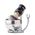 Men's deluxe shaving kit with silver bowl, shaving brush, and chrome stand