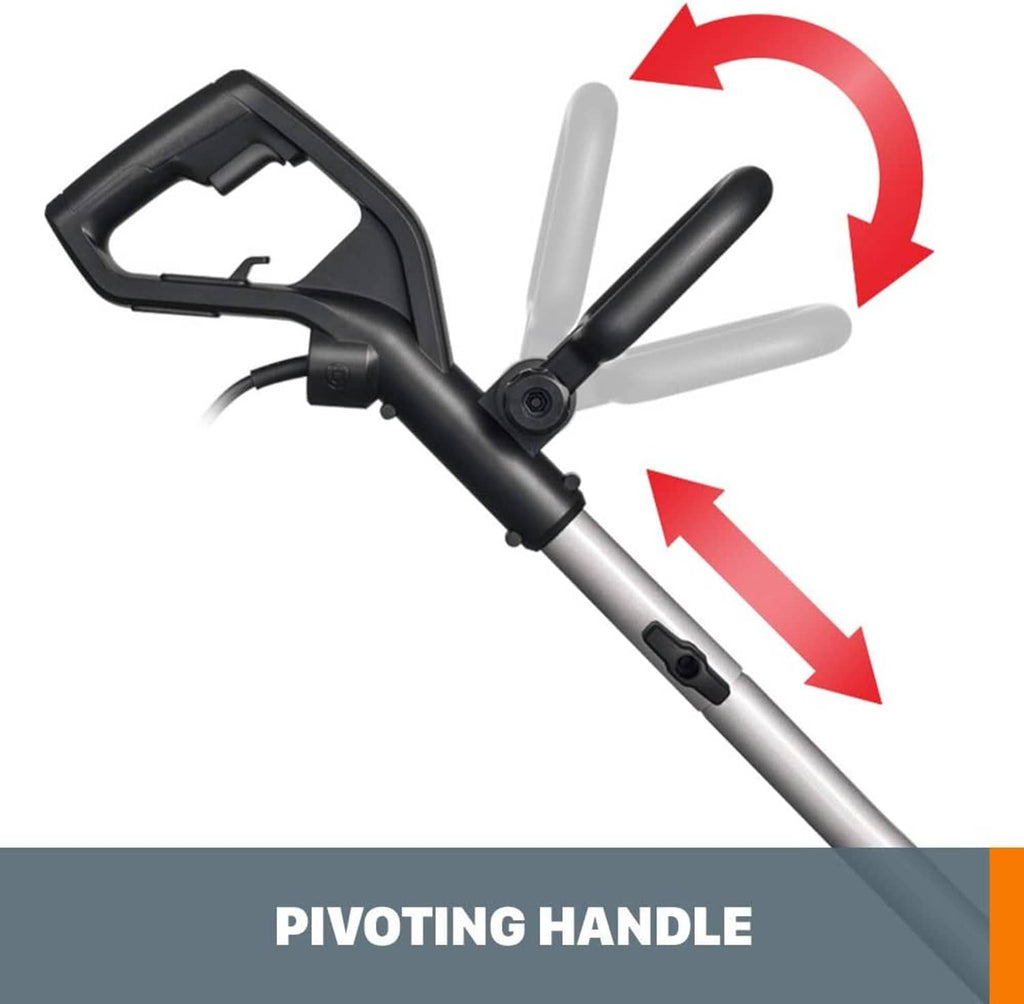 Pivoting handle on black-and-silver corded lawn edger/trencher shaft