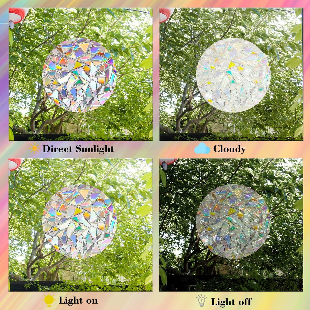 Prism mosaic circular window decals on outdoor branches with rainbow light patterns
