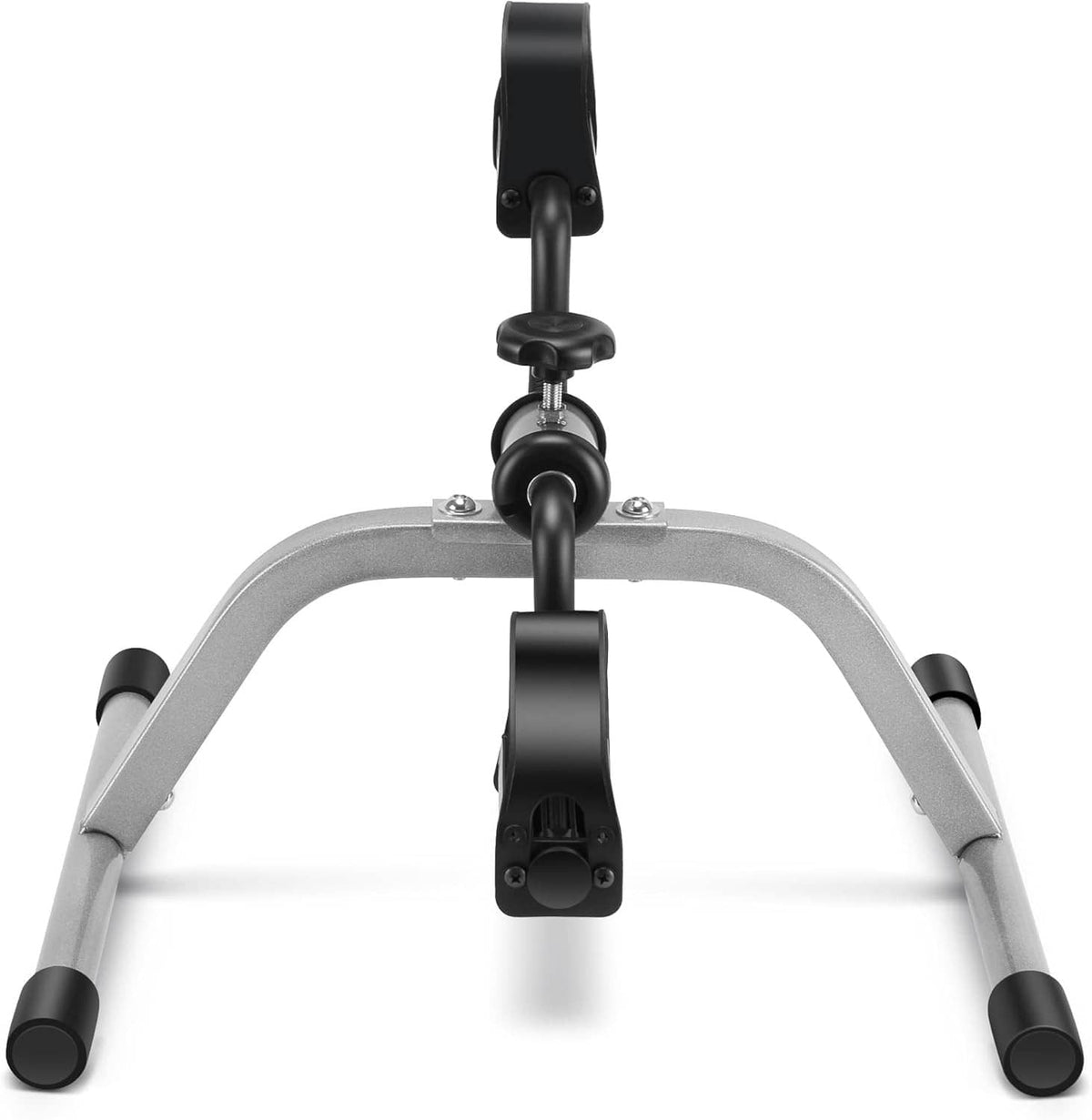 Mini exercise pedal bike viewed from above, with black arm bars and padded seat support
