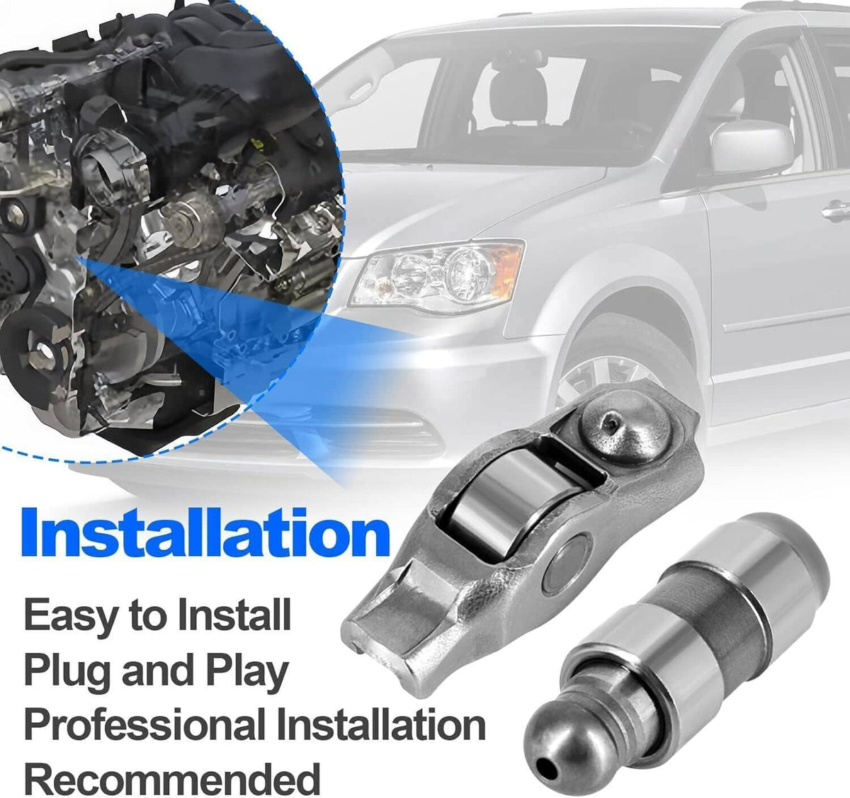 Rocker arm and valve lifter kit components with plug-and-play installation display