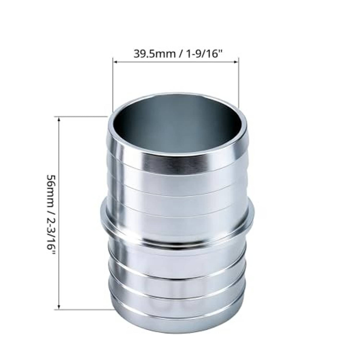 Aluminum hose barb splice coupler with size measurement diagram and dark inner bore