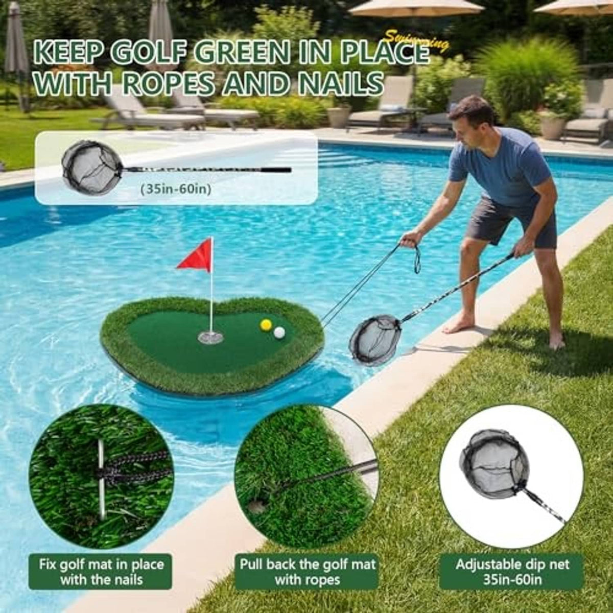 Floating golf green mat with red flag, net bag included, secured with ropes and nails