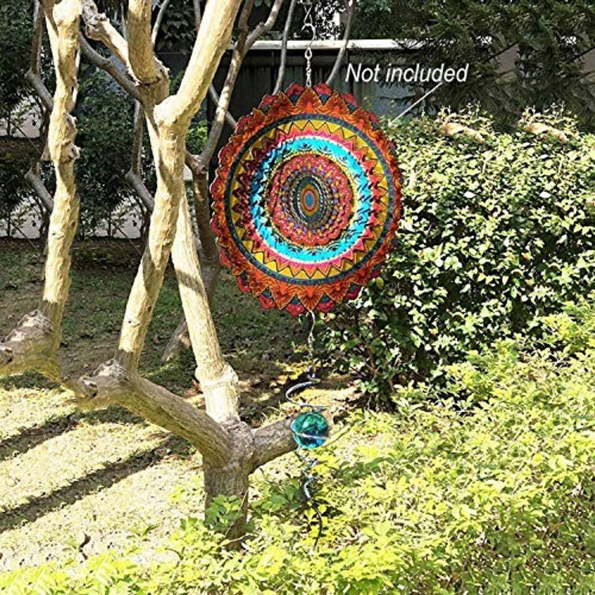 Blue gazing ball spiral wind spinner hanging from chain, metal spiral tail