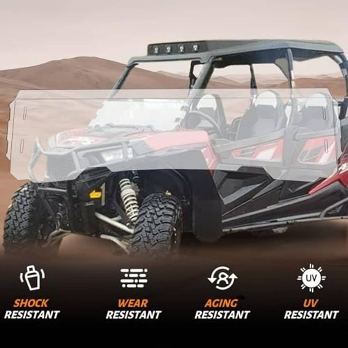 Half windshield with clear panel installed on off-road UTV, side mounting visible