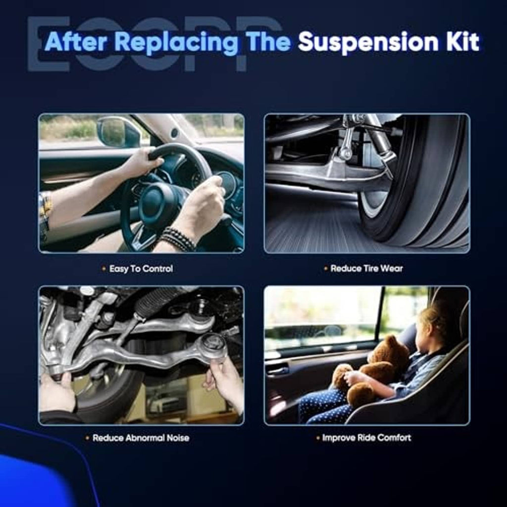 After-replacement suspension kit infographic with ball joint parts and road-control icons