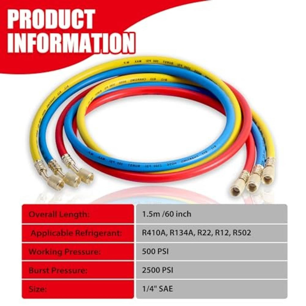 AC manifold gauge hose kit with three colored hoses and brass fittings for 1/4 in SAE