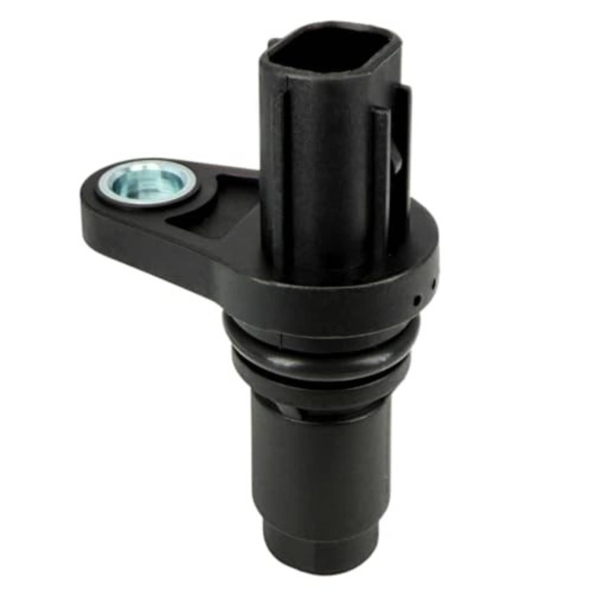 Black camshaft position sensor plug with circular sensor window on side, plastic body