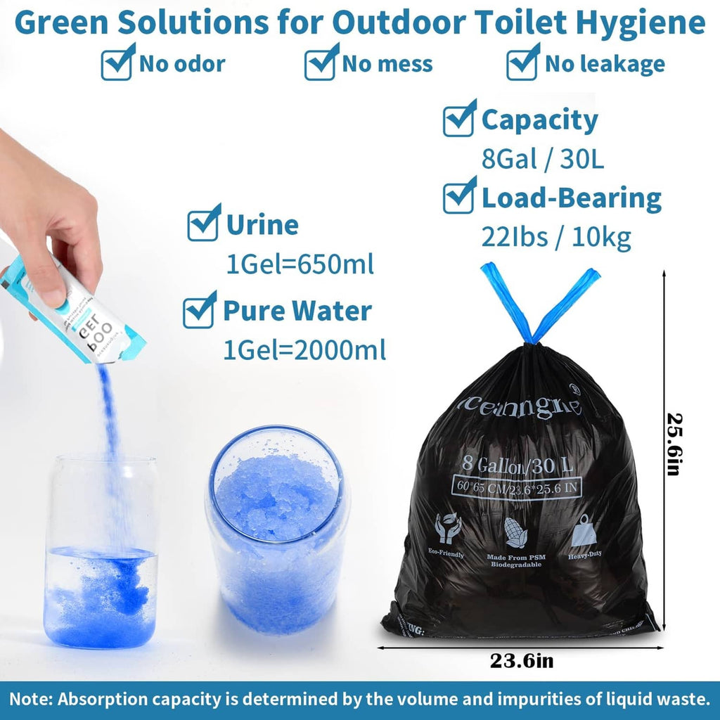 Portable toilet gel packet and black waste bag with water absorption showing in cups