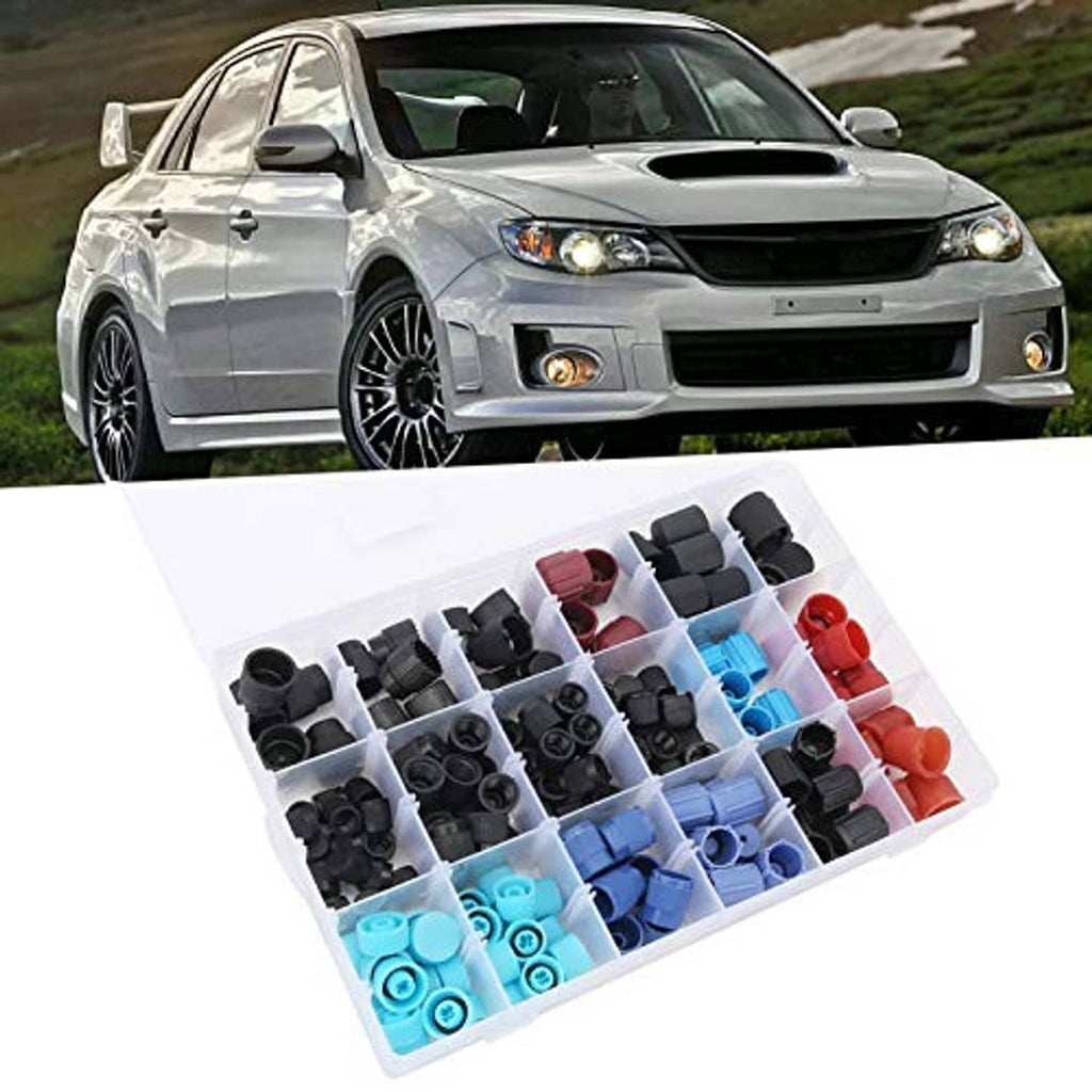 AC valve core cap assortment in clear divided case, black and blue caps with red caps