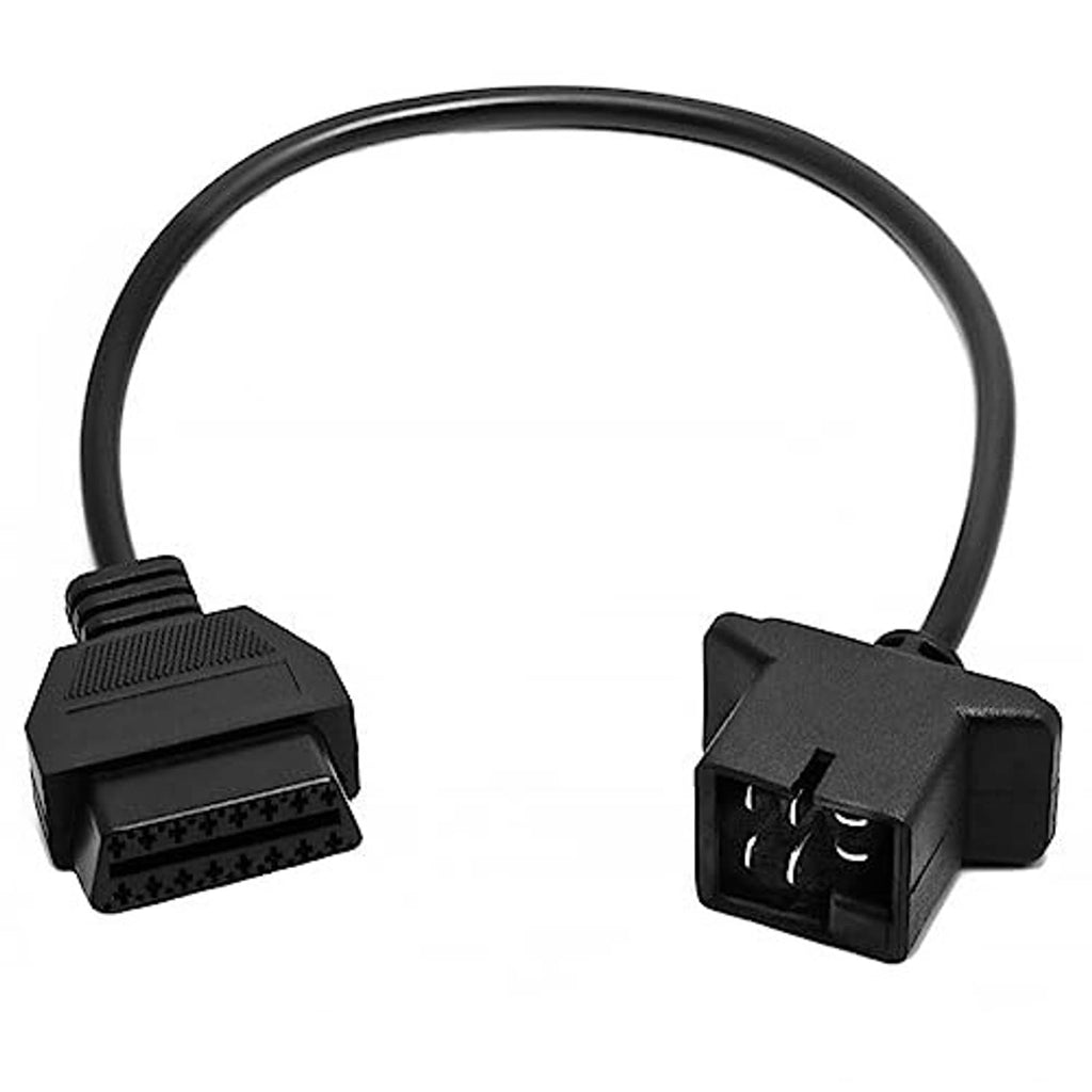 Black OBD adapter cable, 6-pin plug to 16-pin plug connector ends