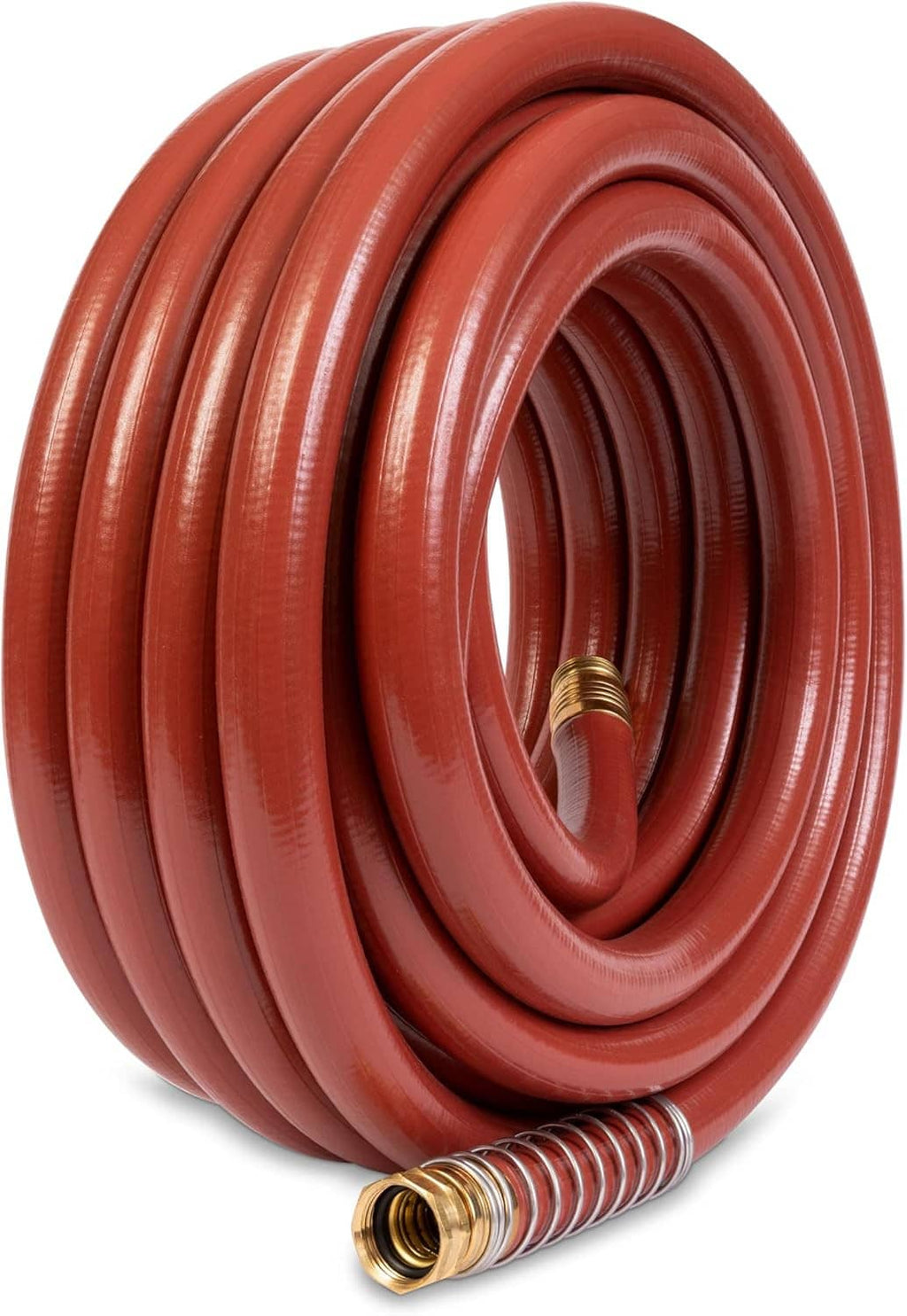 Red 3/4 in x 50 ft water hose coil with brass spigot-style end fitting.