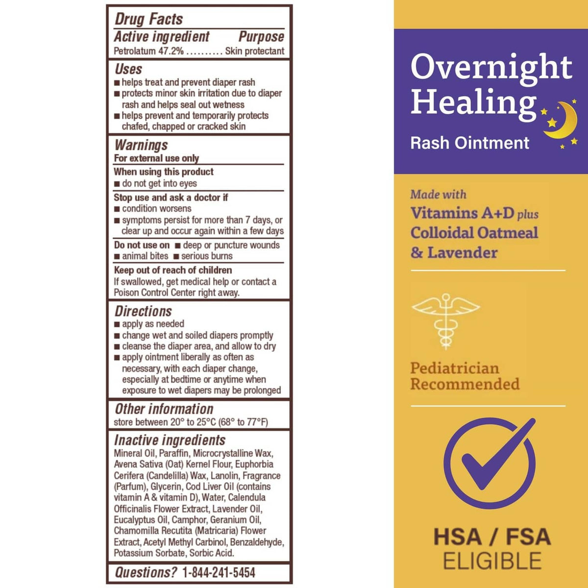 A+D Overnight Healing Rash Ointment back panel with Drug Facts and Directions