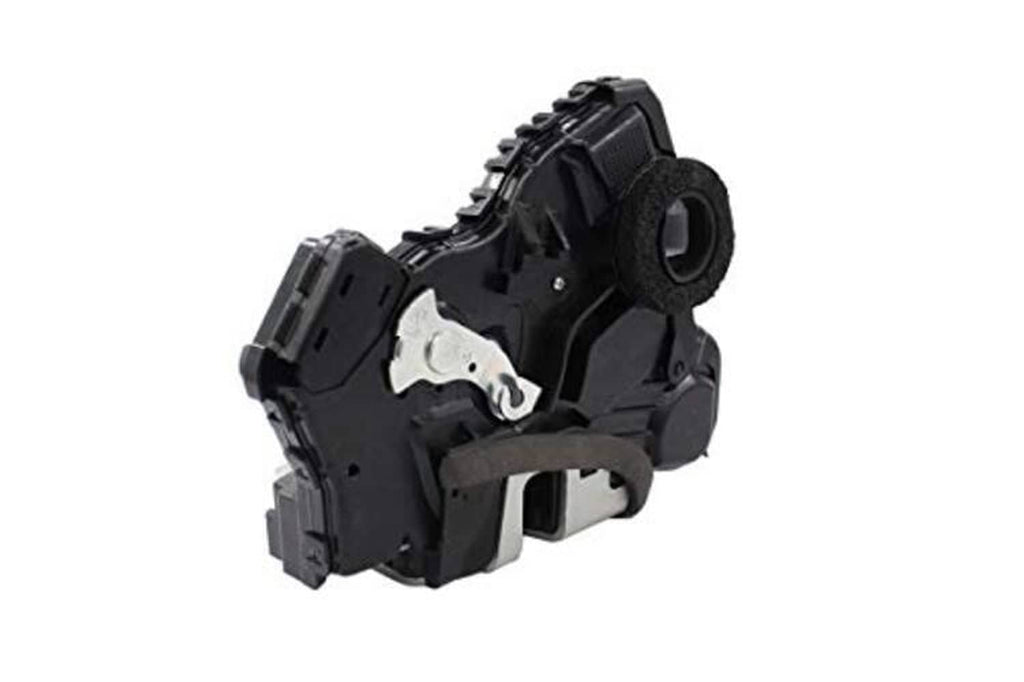 Power door lock actuator with black housing and silver latch, angled side view