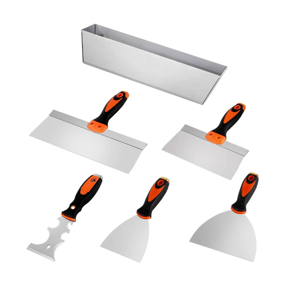 Drywall knife set with stainless blades and orange-black handles in multiple styles