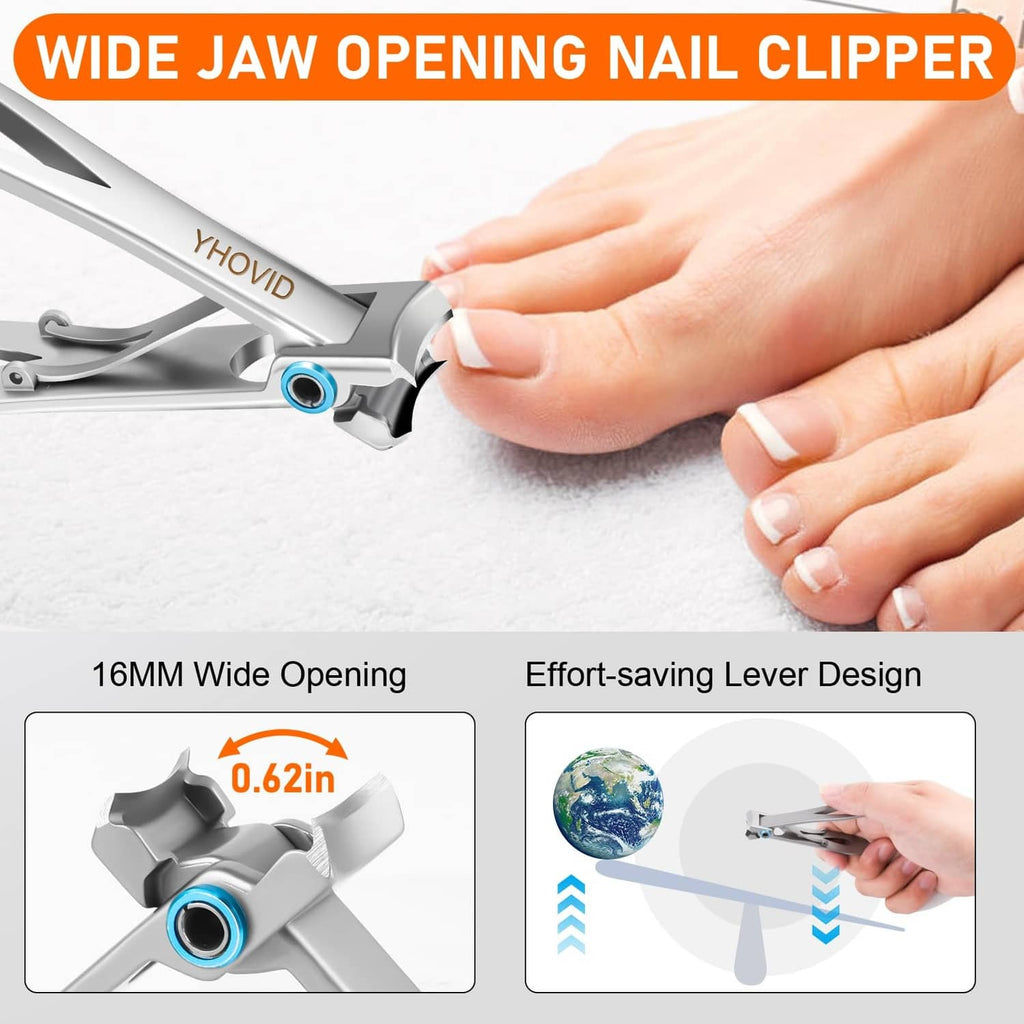 Wide-jaw toenail clipper being used on a toe nail with a lever action