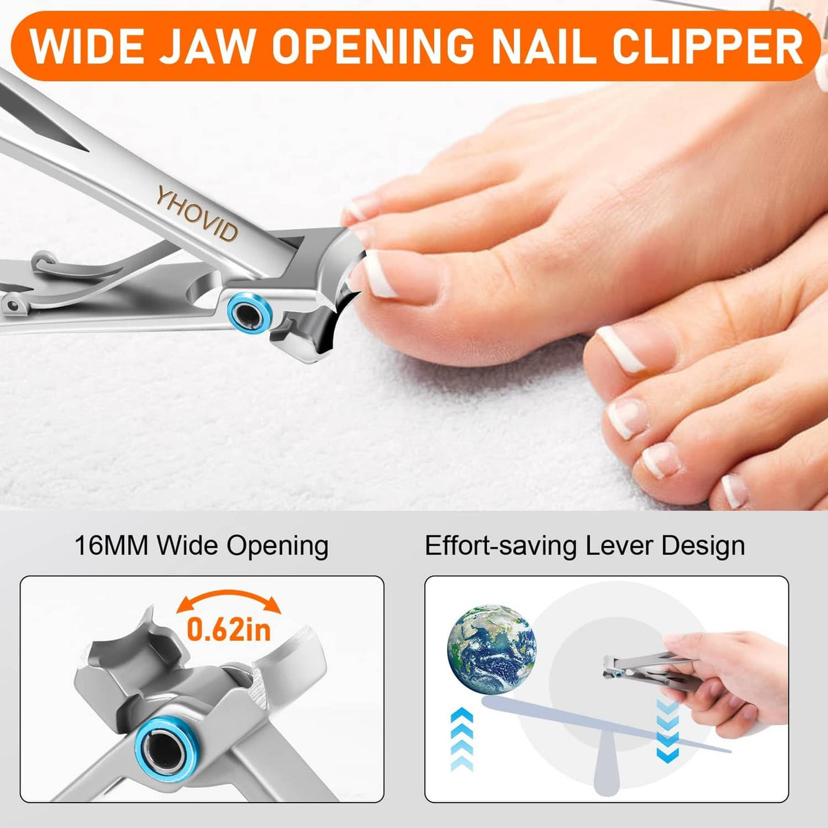 Wide-jaw toenail clipper being used on a toe nail with a lever action